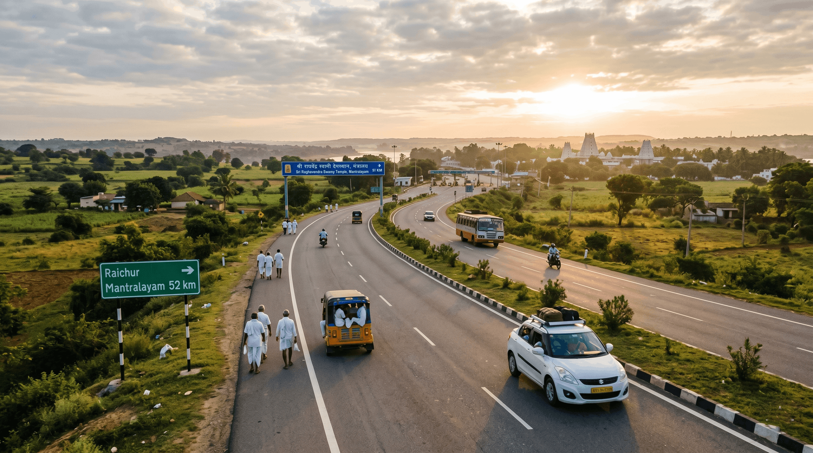 Highway sign showing the distance from Raichur to Mantralayam as 52 kilometers, with a white car and pilgrims in the foreground.
