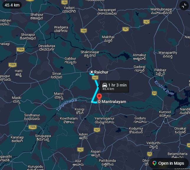 Raichur To Mantralayam Distance route map